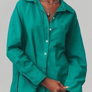 Anthropologie Maeve Bennett Linen Button Down Shirt Green Size M